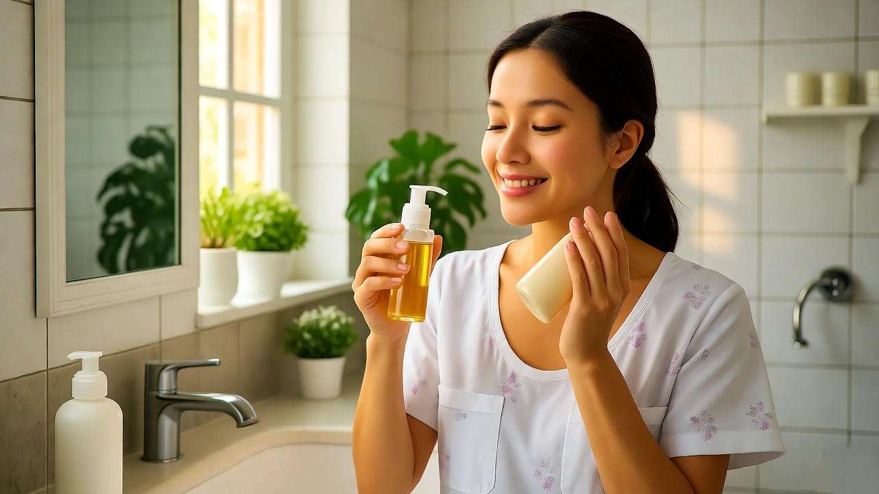 Woman following a morning beauty routine with eco-friendly skincare products in a bright bathroom