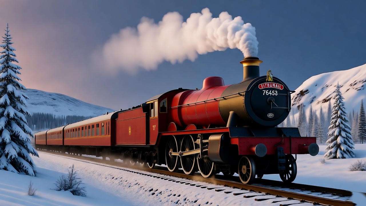 Hogwarts Express in snowy landscape with students during Christmas holidays.
