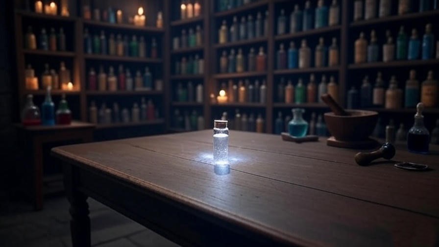 Hogwarts apothecary with a glowing vial of Deflating Draught on a table.