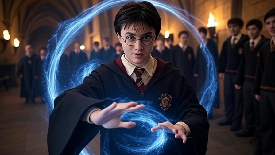 Young wizard casting a Warning Spell with a swirling blue light in a Hogwarts corridor.