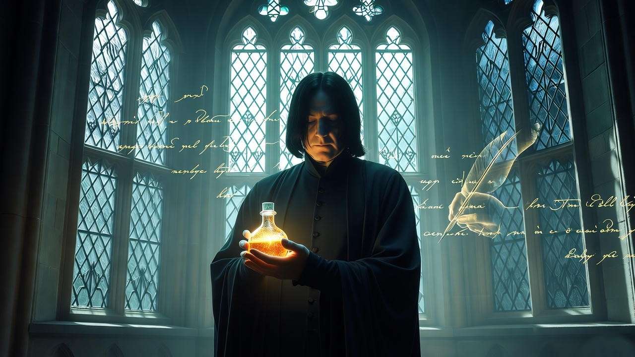 Mystical Hogwarts classroom with Severus Snape and glowing potion symbolizing name meaning in Harry Potter.