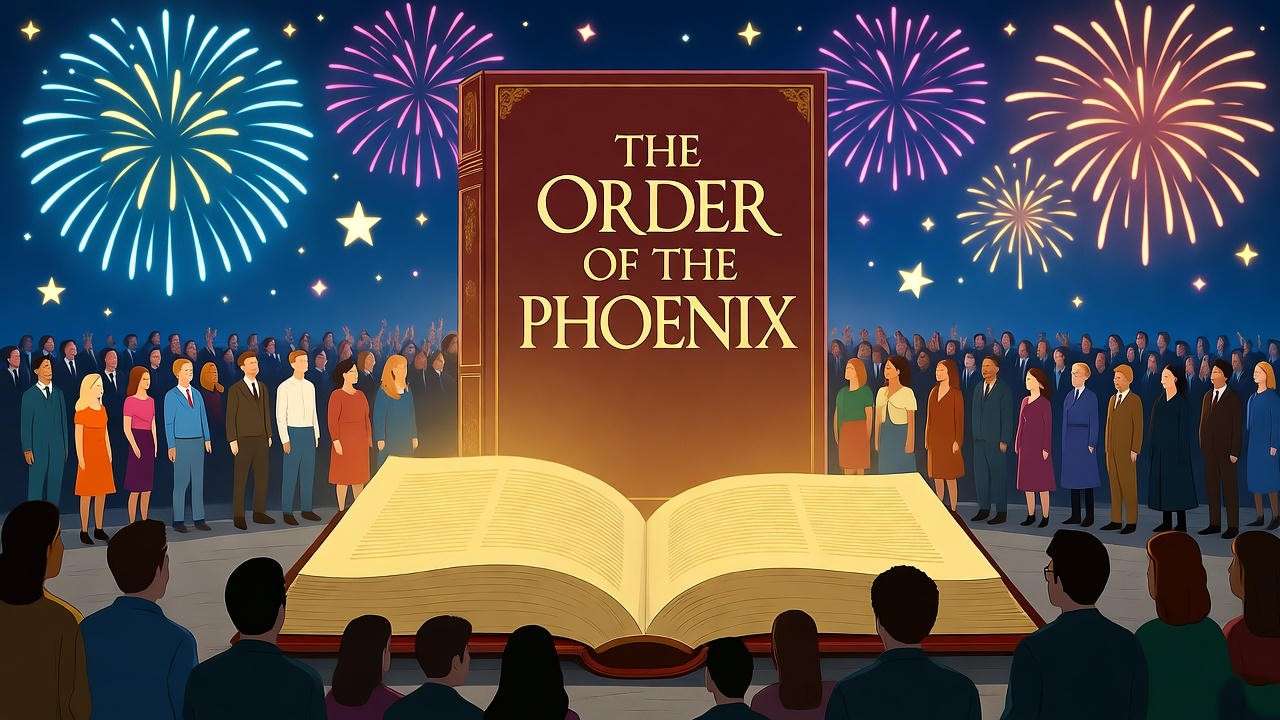 Harry Potter fans celebrating around Order of the Phoenix book with magical fireworks.