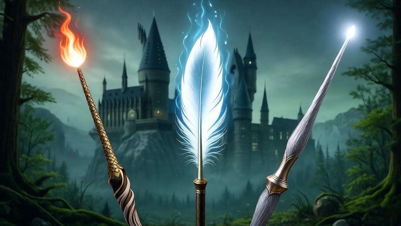 Comparison of dragon, phoenix, and unicorn wands glowing with unique magical energy in a misty Harry Potter forest.