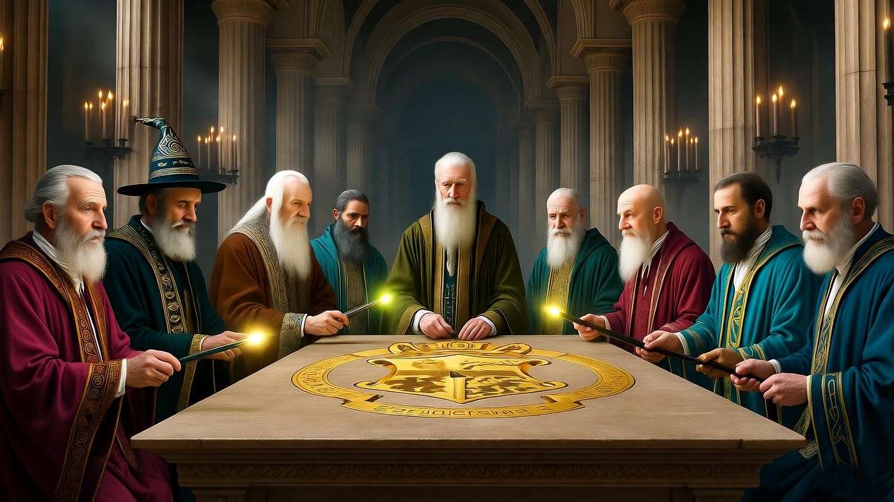 Historic wizarding assembly of the International Confederation of Wizards in 1692 with glowing wands.