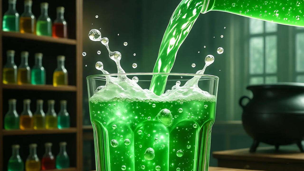 Green Polyjuice Potion Punch with fizzing bubbles, poured into a glass in a Harry Potter Potions classroom setting.