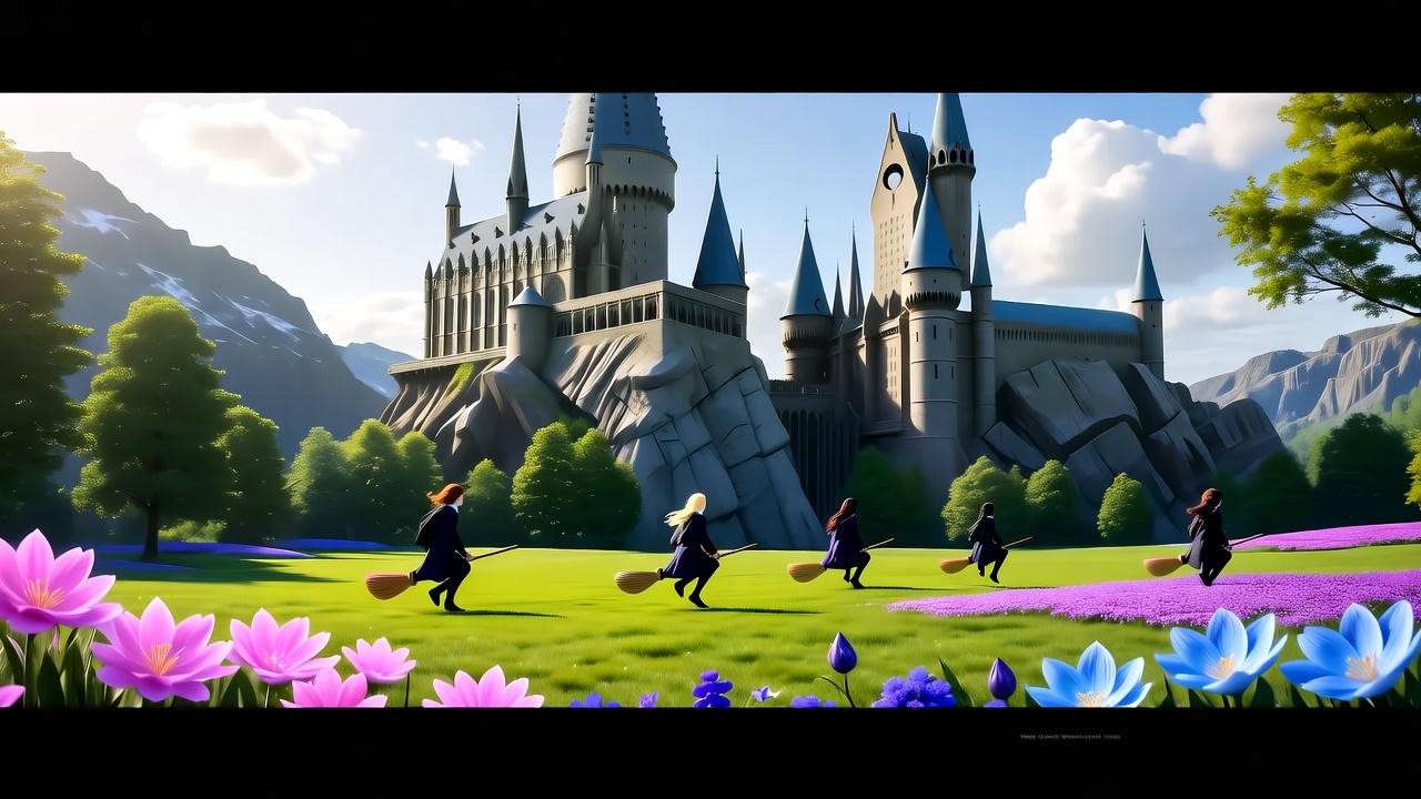 Hogwarts castle grounds in spring during Easter holidays with Quidditch and blooming flowers.