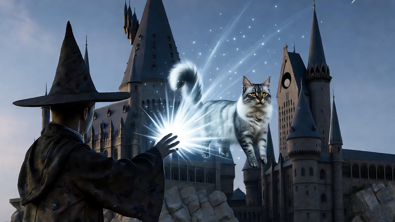 Realistic Siberian cat with blue eyes in a snowy Russian landscape, Harry Potter Patronus symbol