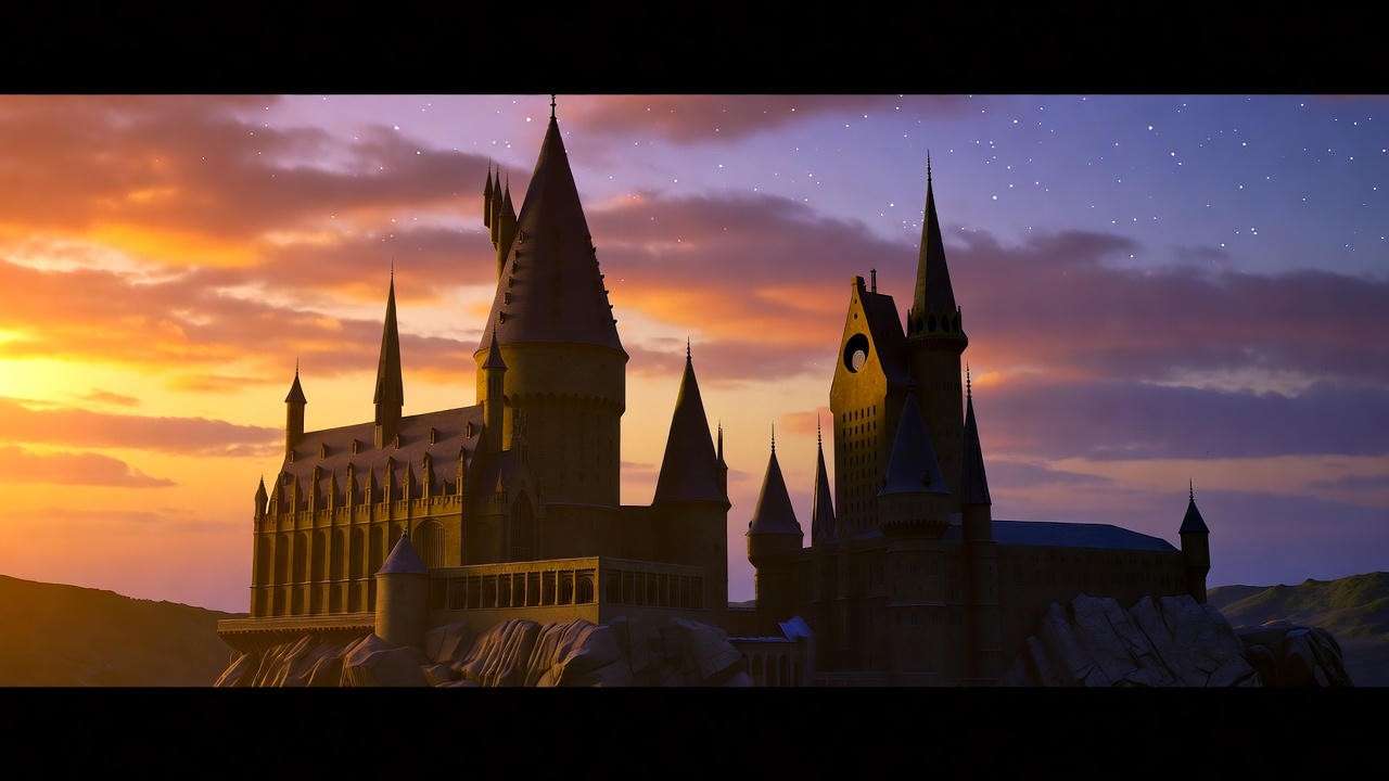 Hogwarts Castle at sunset, symbolizing iconic Harry Potter scenes, 16:9 ratio