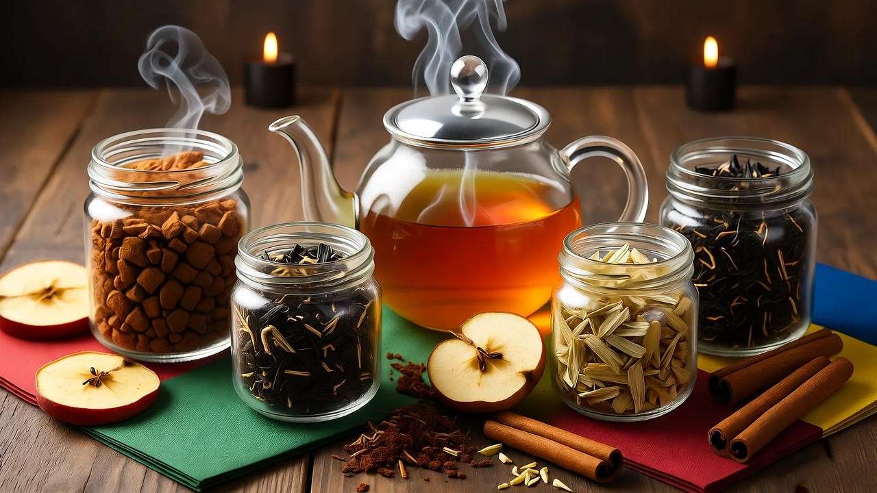 Assorted *Harry Potter* cream tea blends in glass jars with cinnamon and dried apples, set in a cozy Hogwarts-inspired setting.