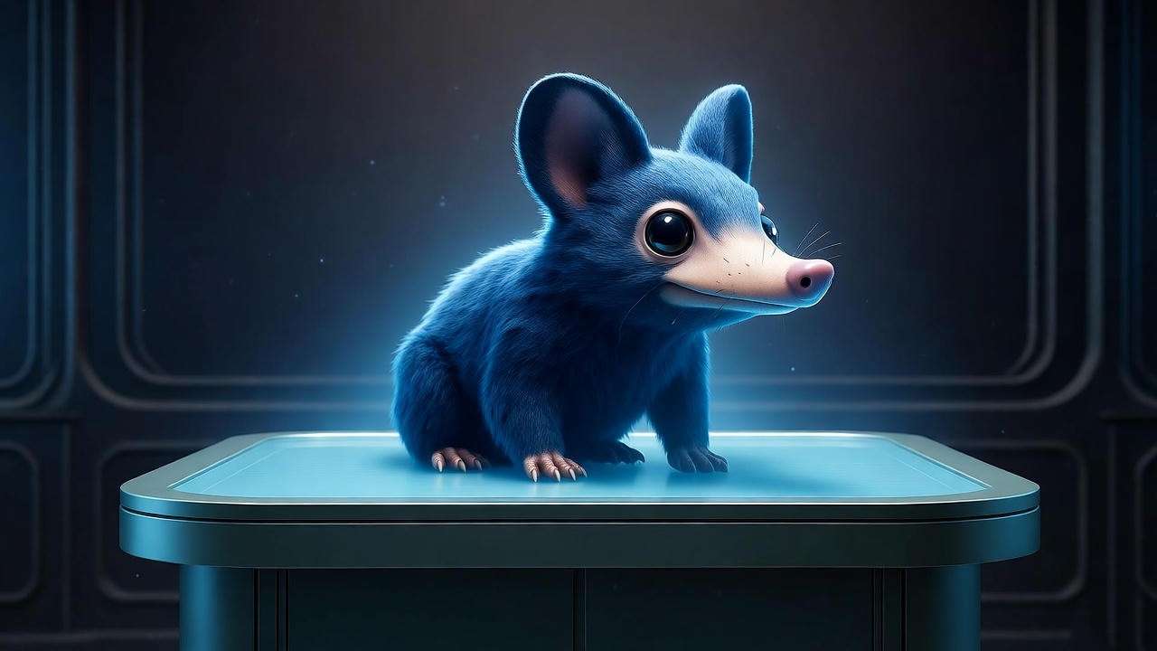 Holographic Fantastic Beasts Niffler prop in futuristic auction setting