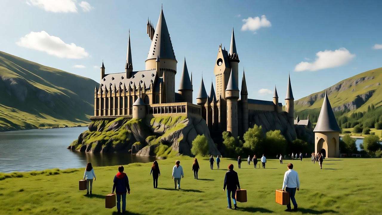 Hogwarts castle in summer with students and the Black Lake under a clear sky.