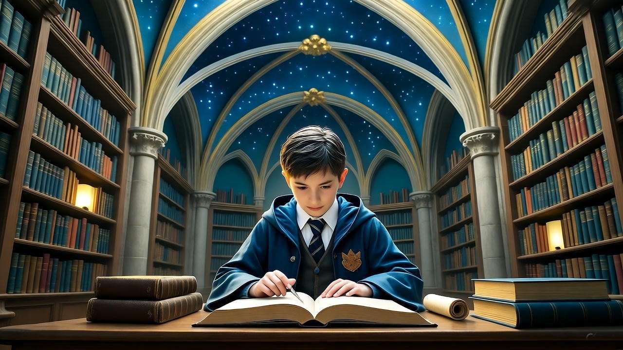 Ravenclaw common room with young wizard studying, symbolizing Anthony Goldstein's legacy in Harry Potter.