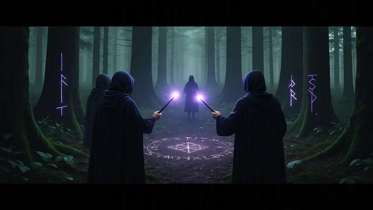 ICW covert agents tracking dark magic in a shadowy forest with glowing wands.