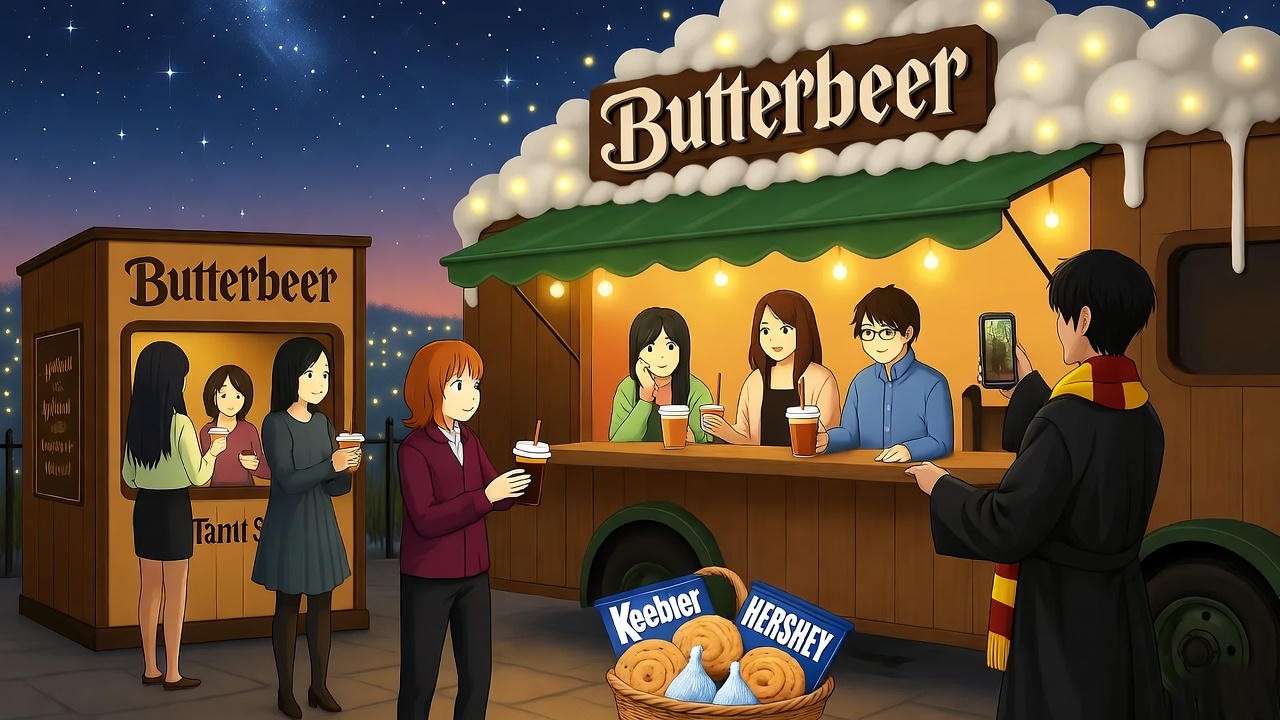 Fans enjoying Butterbeer samples and photo ops at a 2025 truck stop, with Hogsmeade signage and magical glow under a starry sky