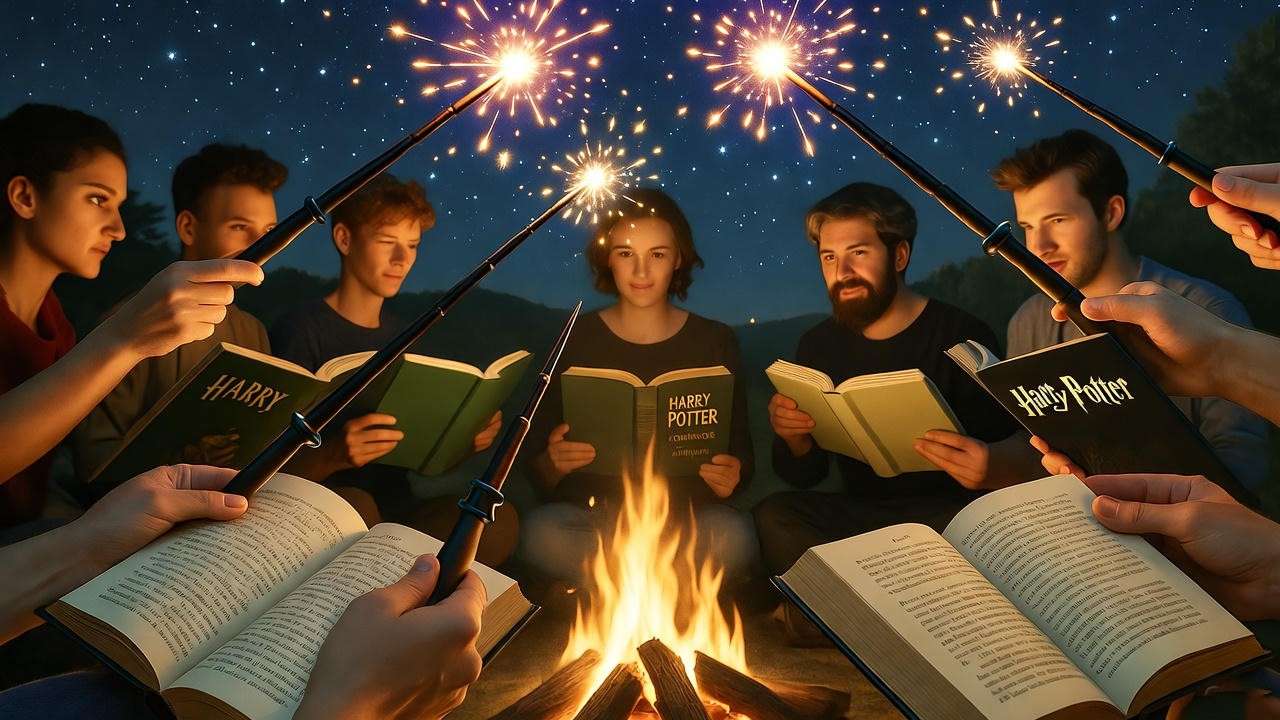 Fan gathering around campfire with Harry Potter books and wands under starry sky