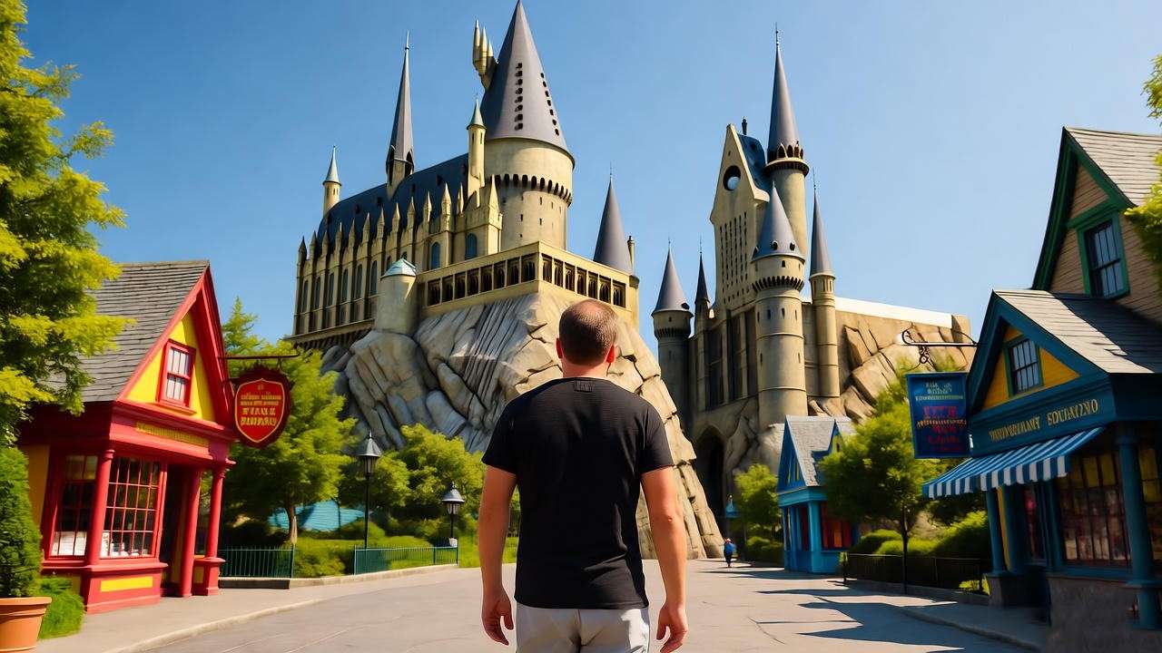 Fan at Harry Potter theme park with Hogwarts and magical shops.