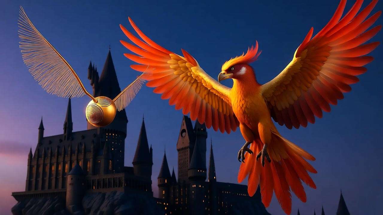 Magical phoenix, golden snitch, and Hogwarts castle in a twilight scene, representing Harry Potter themed names inspiration.