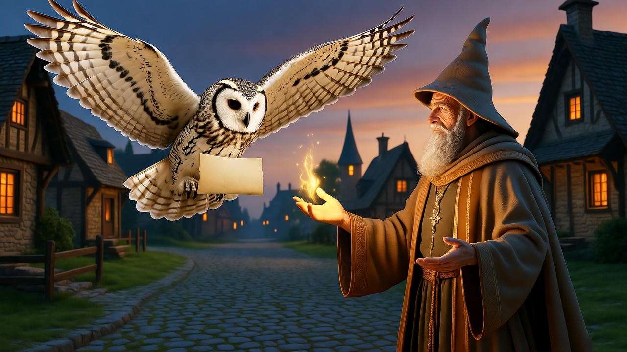 Ancient wizard guiding owl with letter in wizarding village