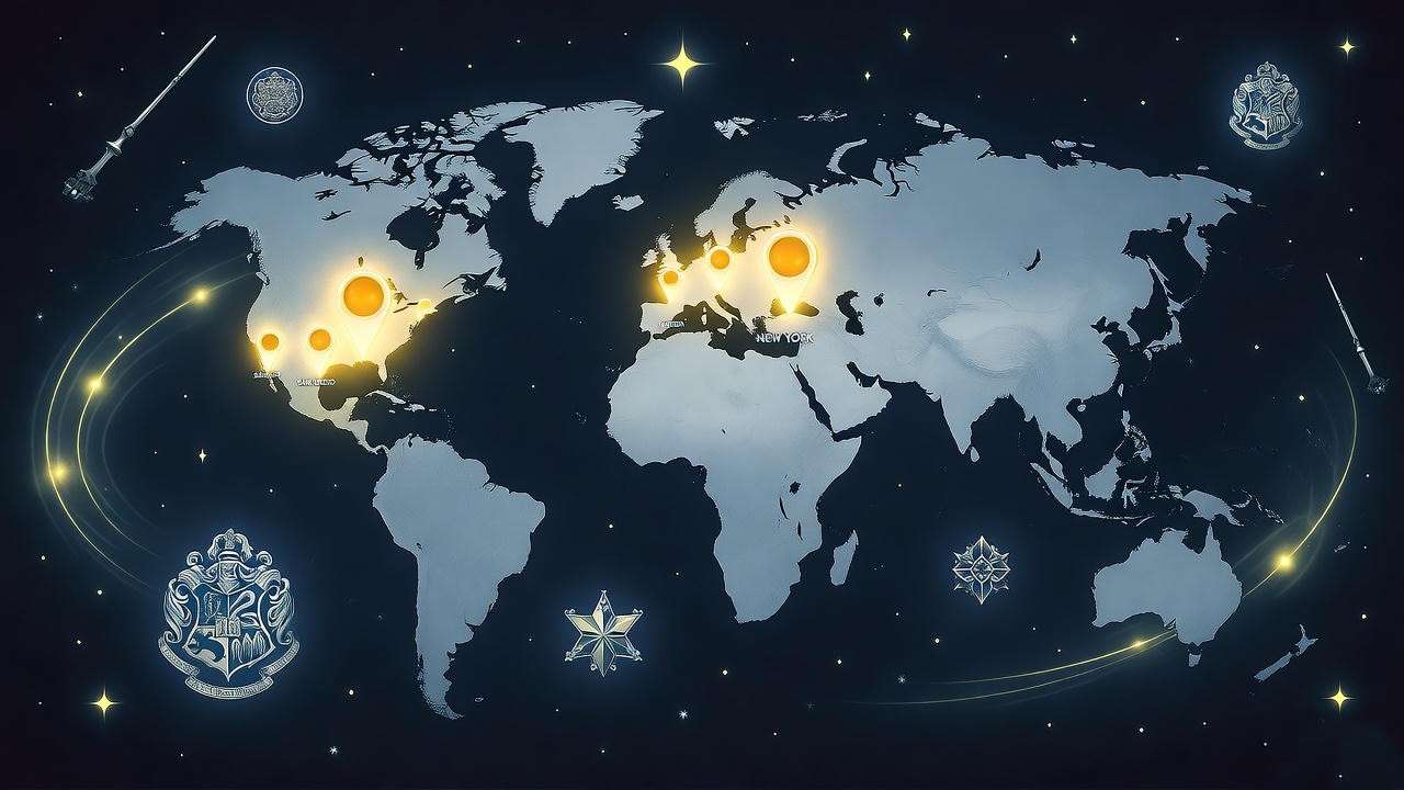 World map with glowing markers of 2025 Harry Potter Comic Con event locations.