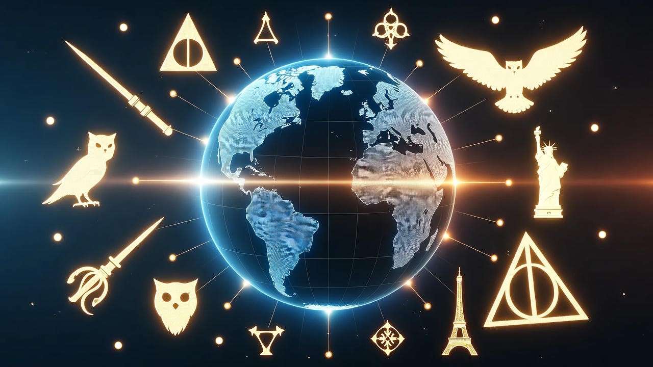 Futuristic globe with Harry Potter symbols connecting global cities