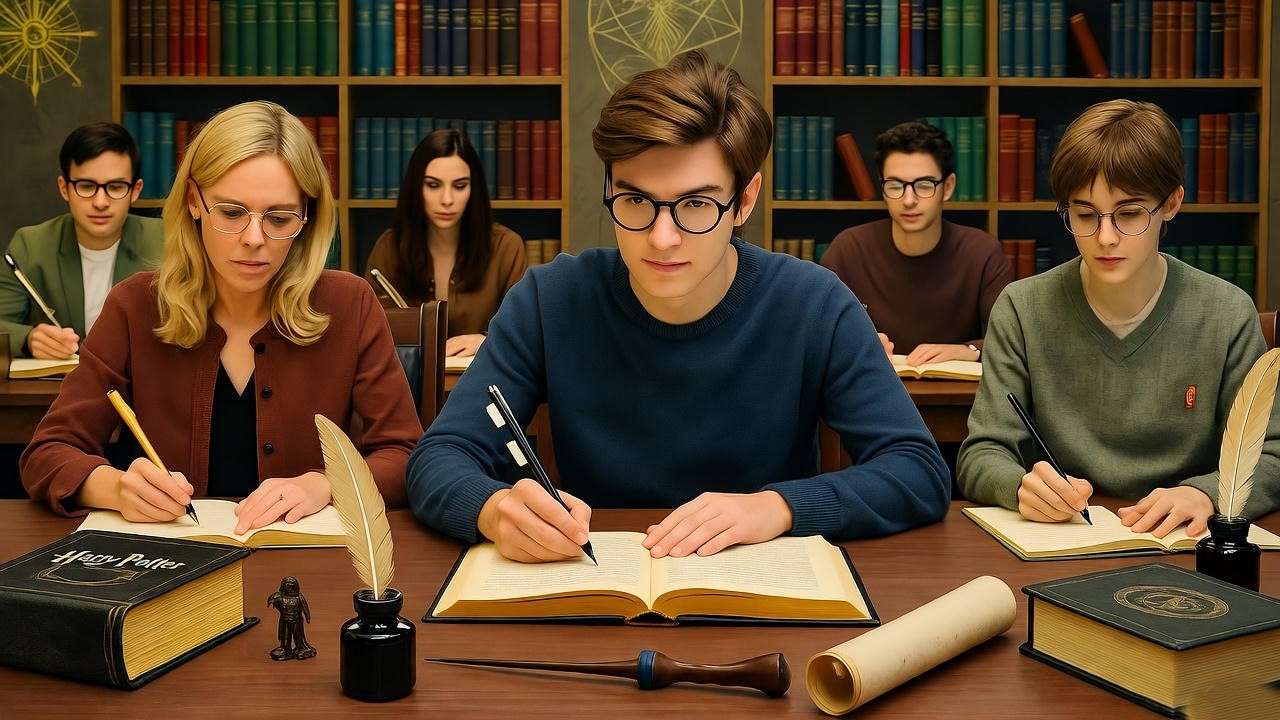 Fan fiction writing session with *Harry Potter* books and props, inspired by Anthony Goldstein’s story.