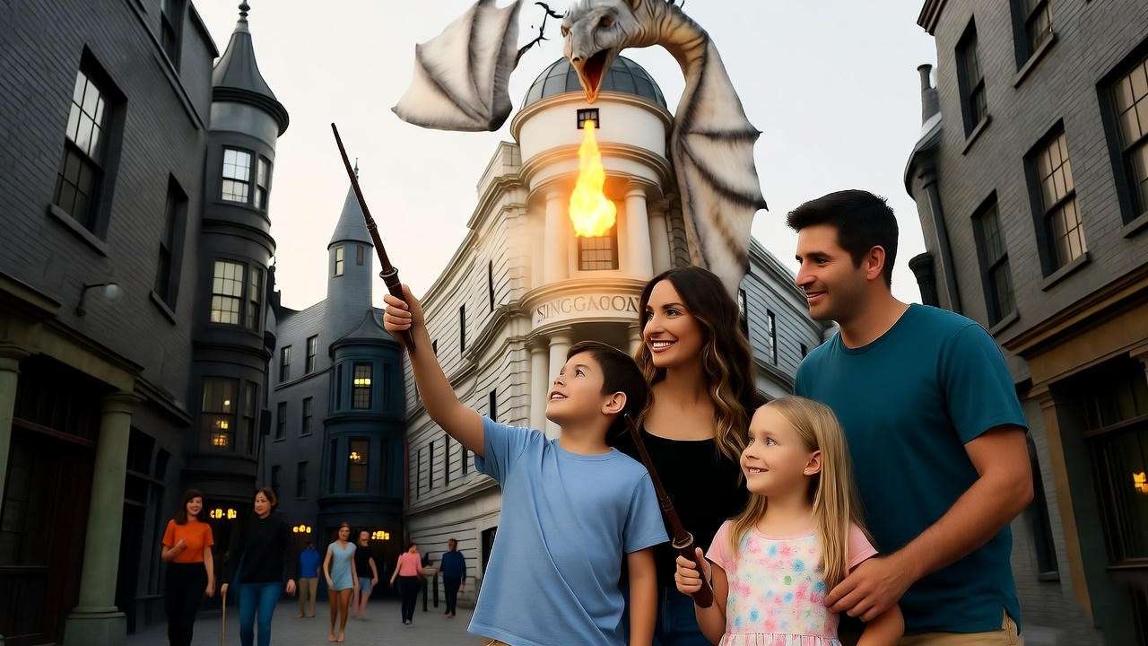 Happy family exiting Escape from Gringotts after riding, dragon breathing fire above Diagon Alley 
