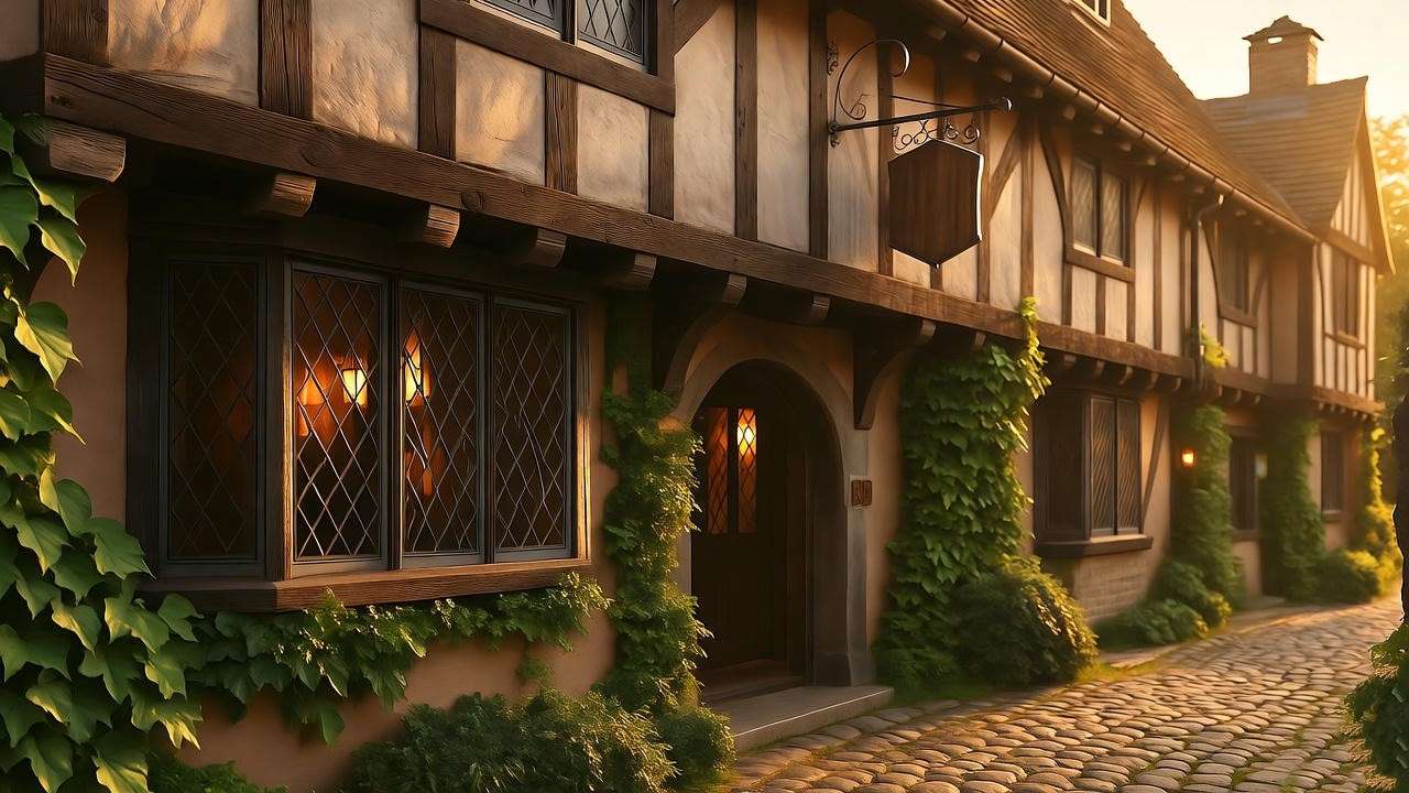 Historic London pub exterior with timbered walls and cobblestone path, inspired by the Leaky Cauldron London in the Harry Potter series.
