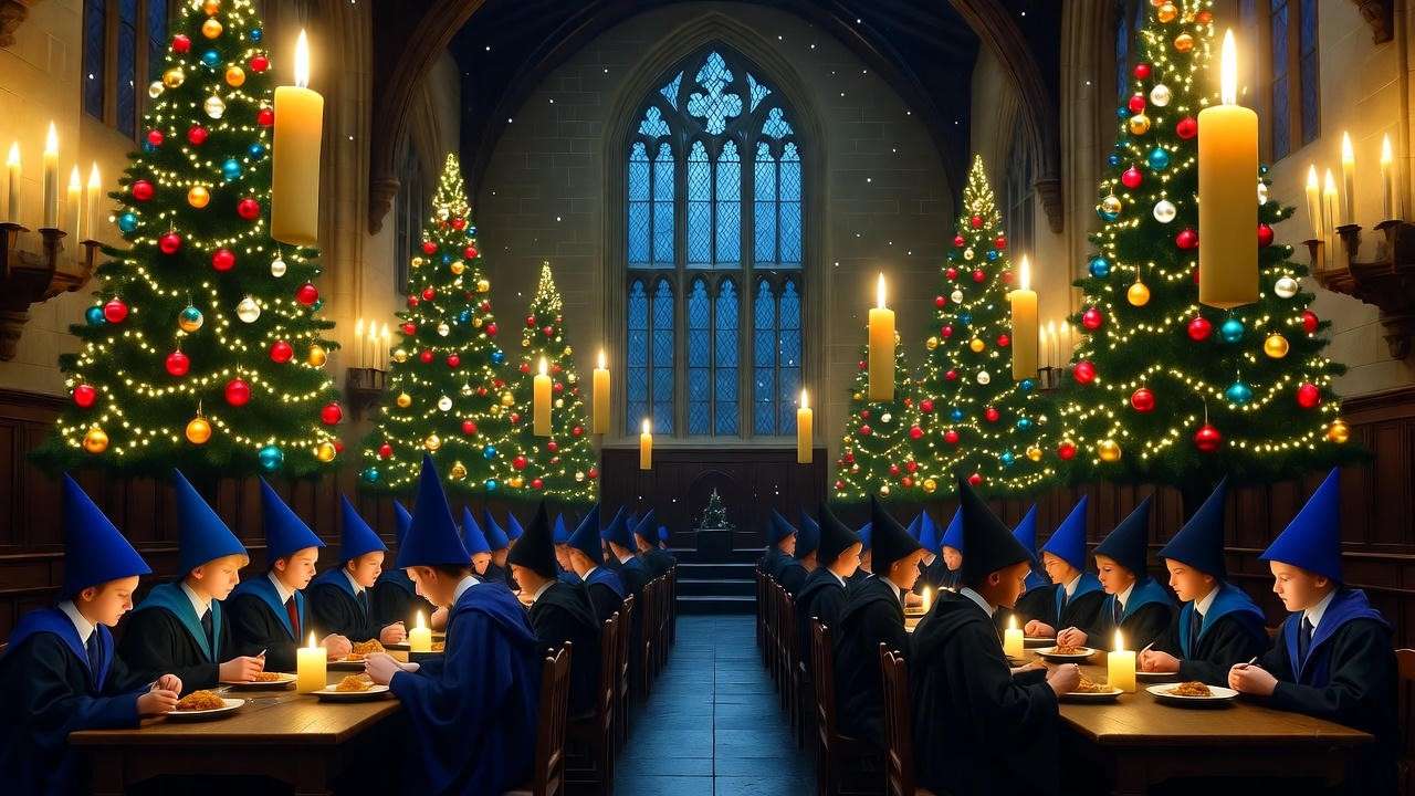 Magical Great Hall decorated for Hogwarts Christmas holidays with enchanted trees and floating candles.