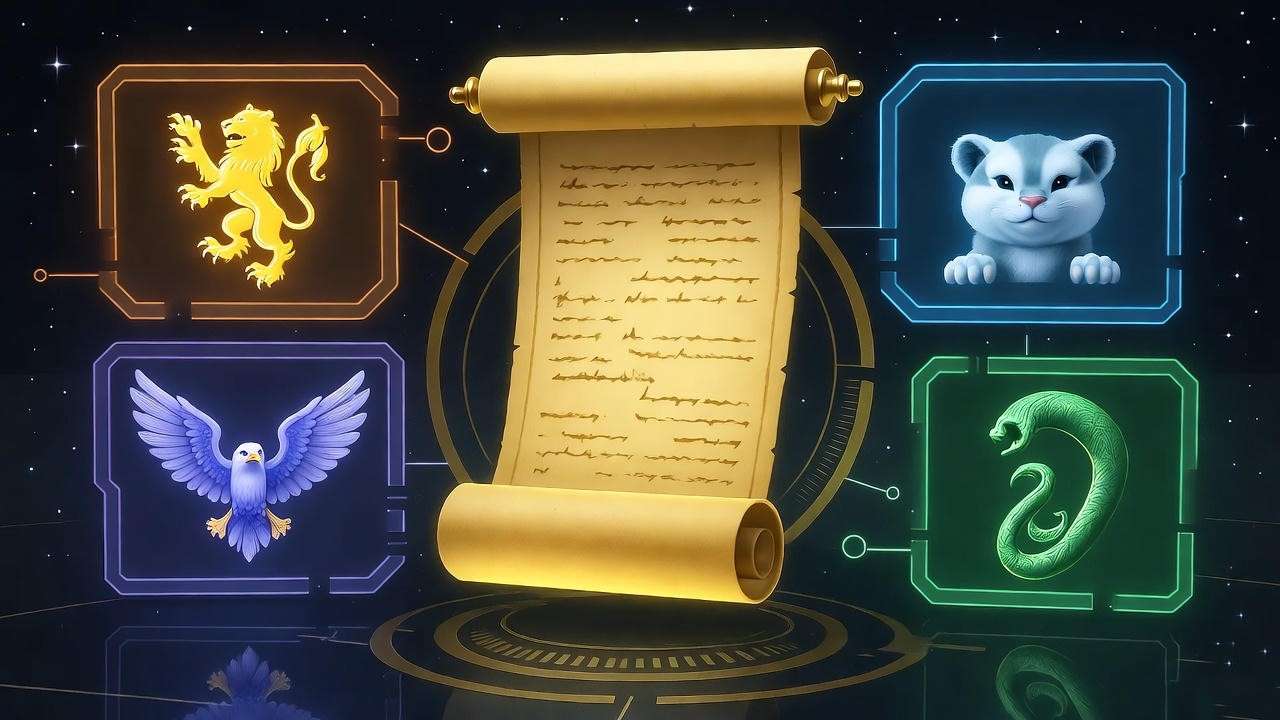 Digital scroll with holographic Hogwarts houses and Minerva McGonagall under starry sky.