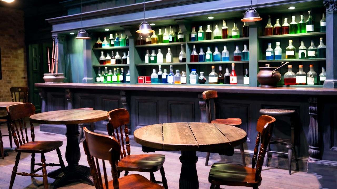 Detailed Leaky Cauldron set at Warner Bros. Studio Tour London, showcasing Harry Potter props and a magical pub interior for fans.
