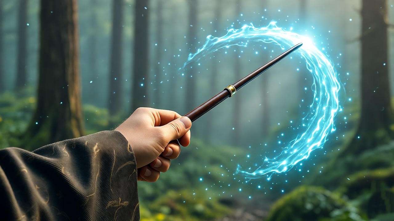 Young wizard casting Impediment Jinx with a wand flick in a misty enchanted forest, emitting a blue magical wave.
