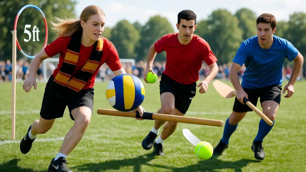College students playing Quidditch on a field, with a Chaser throwing a Quaffle and a Seeker chasing the Snitch in a dynamic Quadball match. 