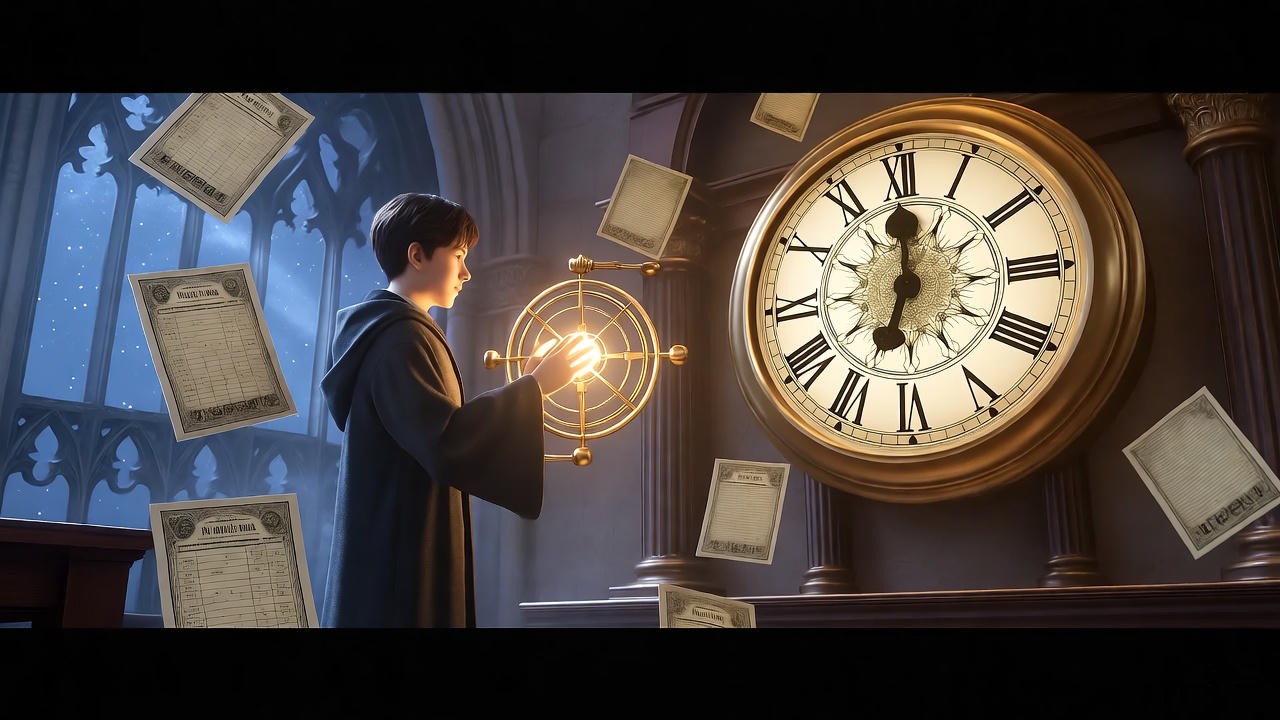 Wizard student using Time-Turner for wizards study scheduling in Hogwarts