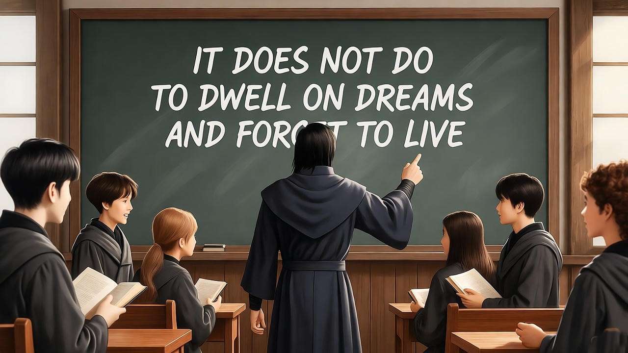 Teacher and students with Harry Potter quote on chalkboard in classroom