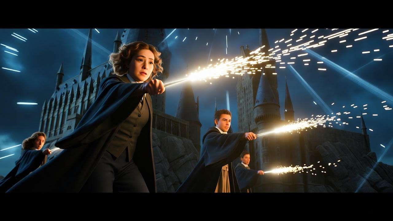 Battle of Hogwarts with witch families casting spells, Harry Potter.