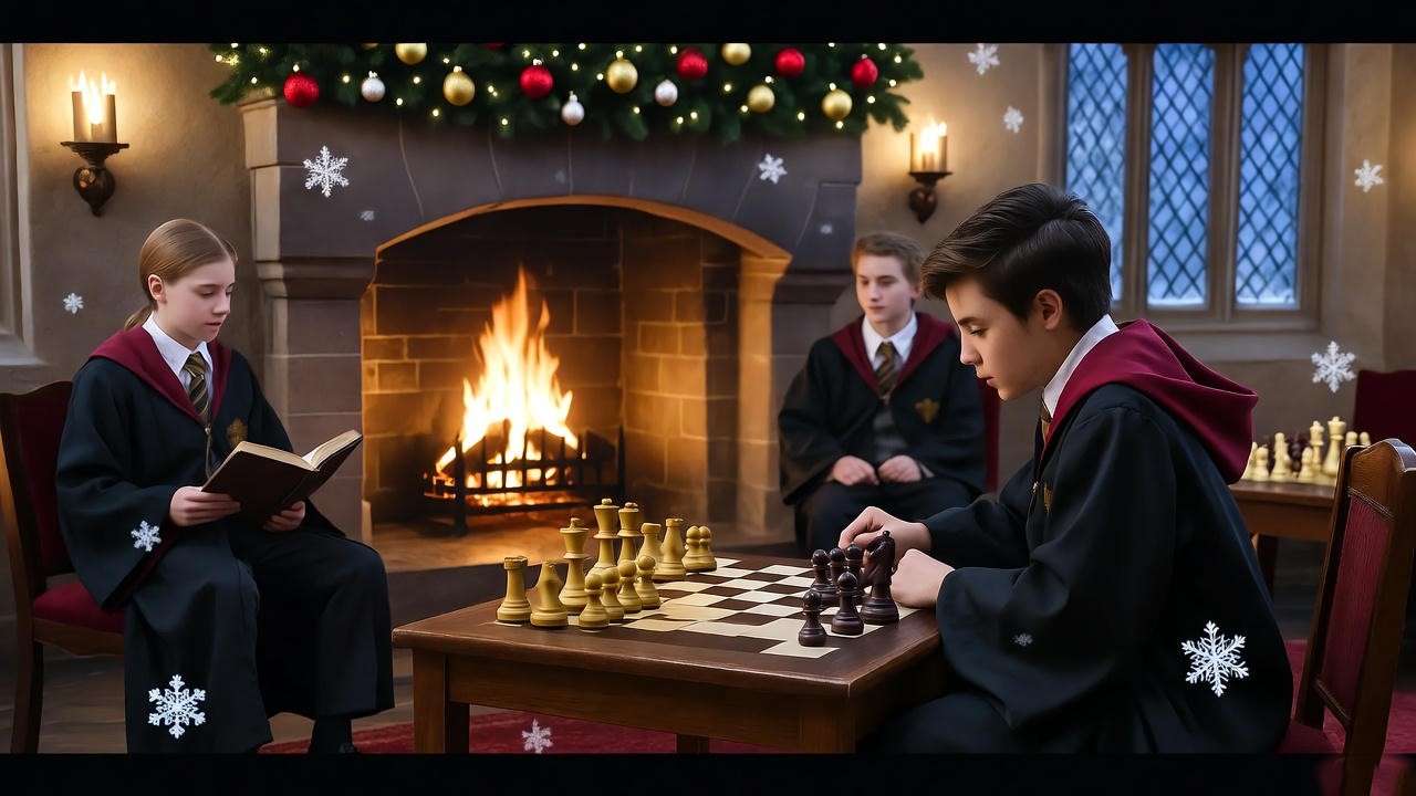 Cozy Hogwarts common room with fireplace and students during holidays.
