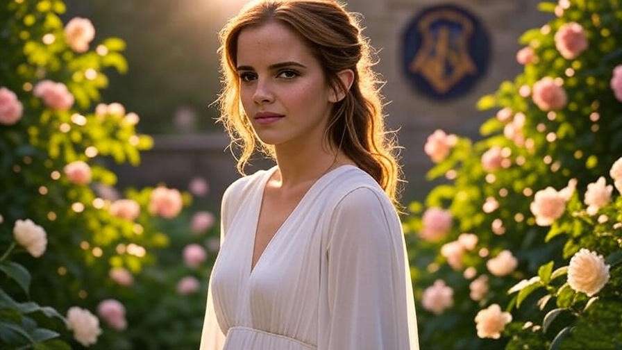 Confident woman with natural glow in a Harry Potter-inspired outdoor setting