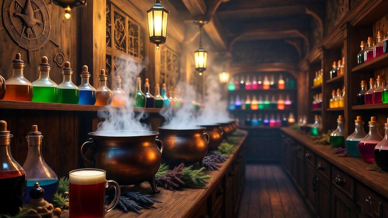 Inside Zauberhaft wizarding shop in Berlin, Germany with glowing potions and Butterbeer