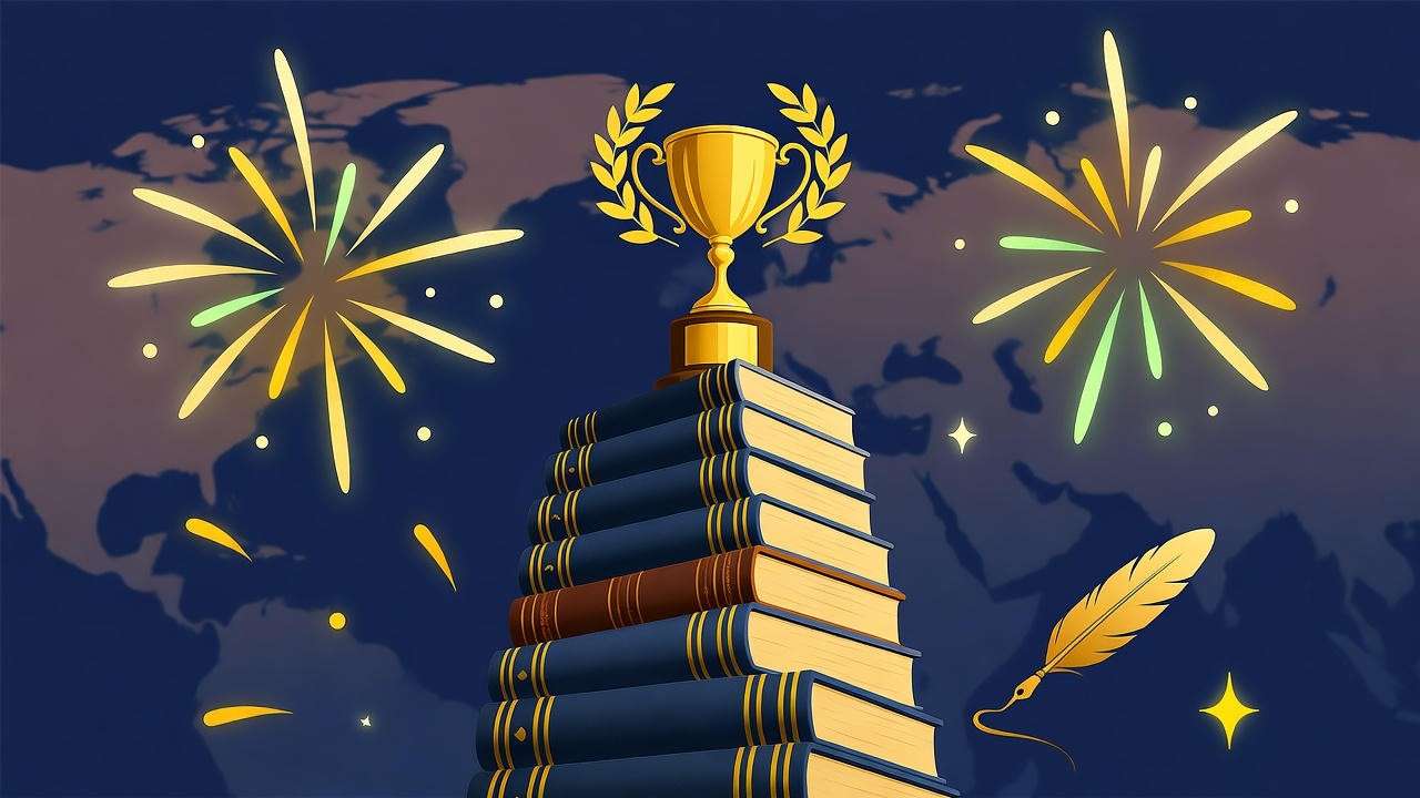 Illustration of Harry Potter books with award trophy and magical fireworks