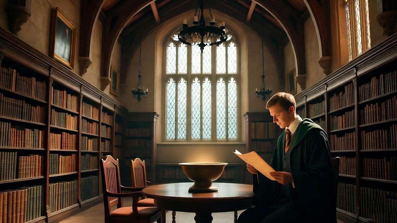 Hogwarts library with a glowing Pensieve and scholar studying a scroll, representing expert insights on Bob Ogden in Harry Potter.