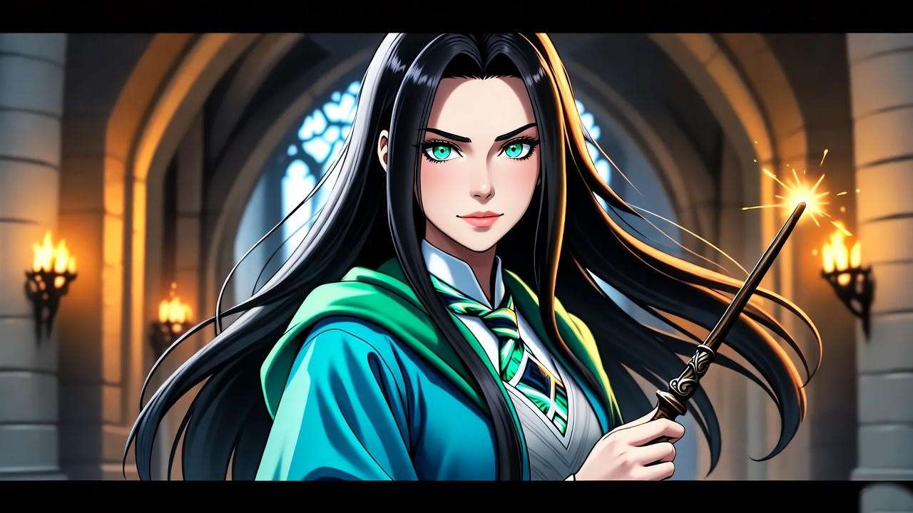 Slytherin witch with wand in Hogwarts corridor, representing **Black Sasha** fan theories in Harry Potter.