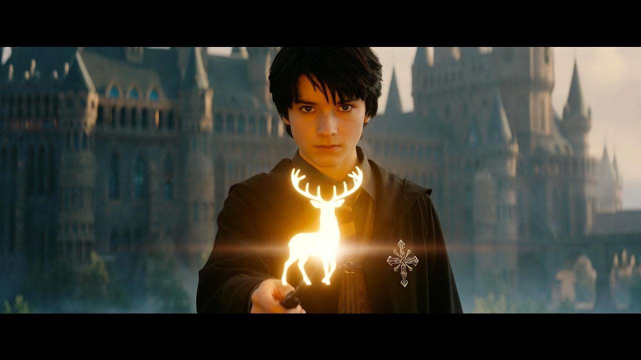 Coach Harry Potter casting a Patronus with courage against a dark misty Hogwarts backdrop.