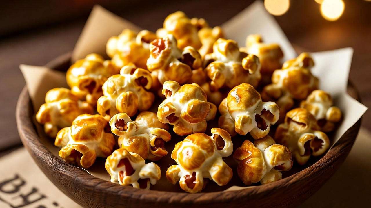Close-up of Butterbeer Popcorn in a wooden bowl, inspired by Harry Potter’s Three Broomsticks, on a parchment-lined tray.