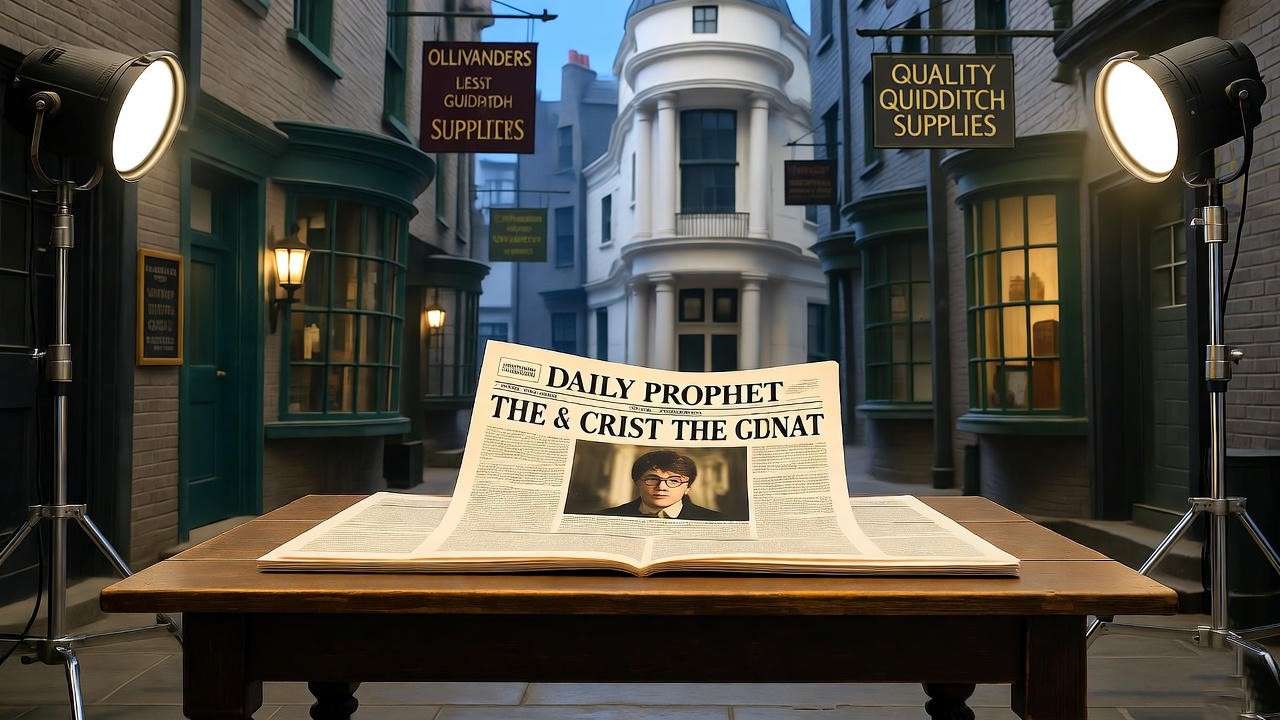 Cinematic film set with animated Daily Prophet pages and Diagon Alley backdrop