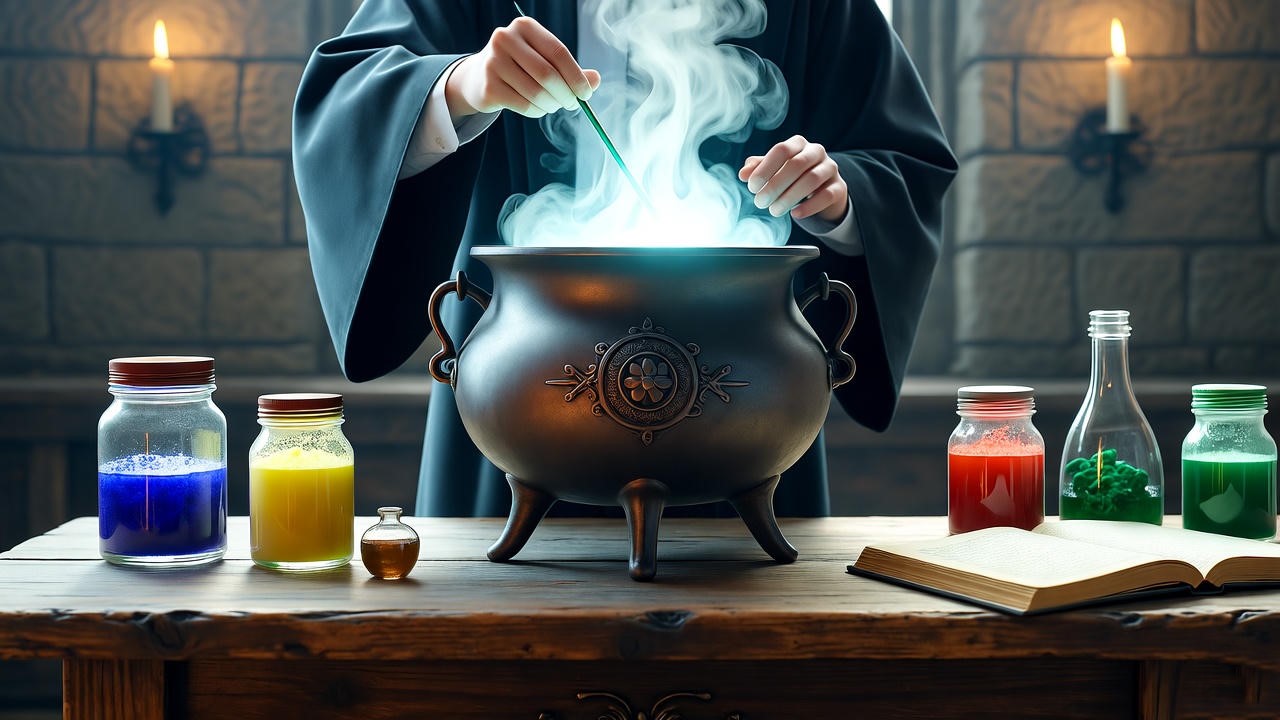 Hogwarts potions class with student brewing for wizards study notes