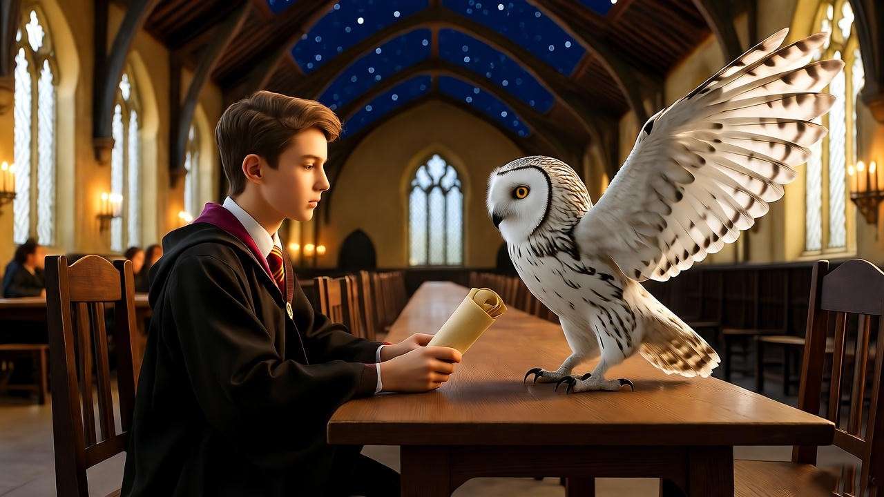 Hogwarts student receiving letter from owl in Great Hall