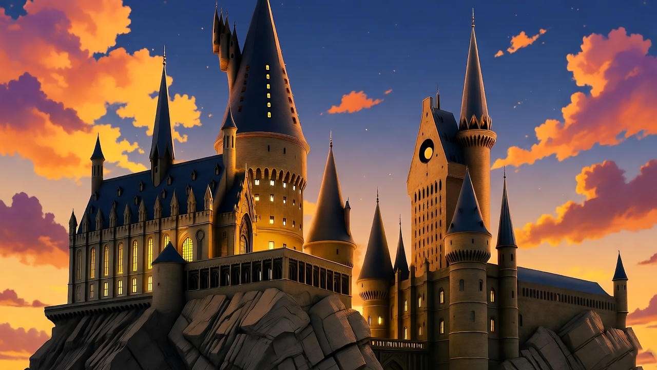 Hogwarts castle with Ministry of Magic architecture at dusk, representing the longest Harry Potter book Order of the Phoenix.