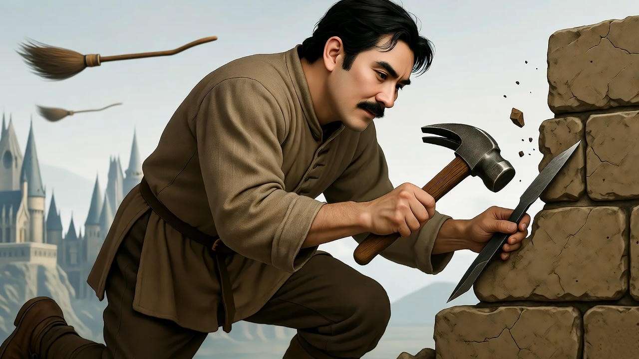 Medieval Hogwarts caretaker repairing stone wall with magical broomsticks in background.