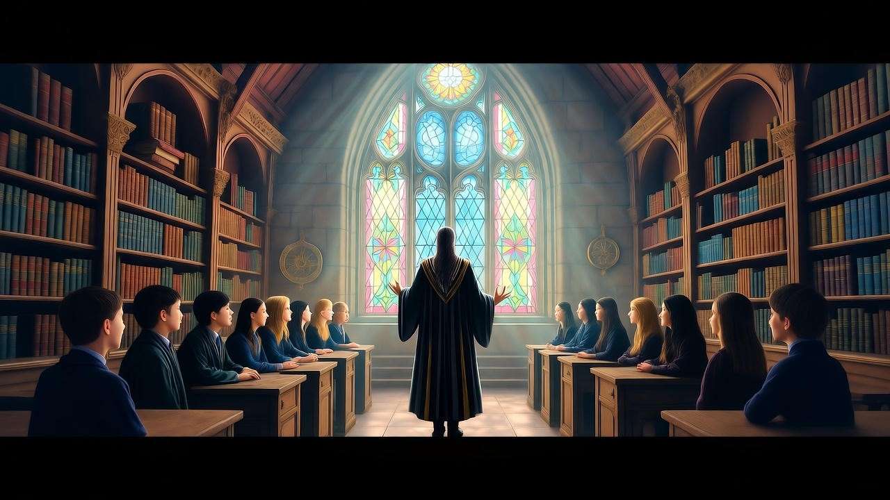 Magical Hogwarts classroom with professor and students, inspired by Harry Potter.