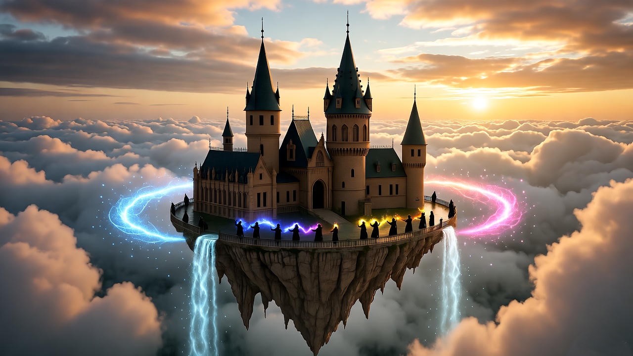 Floating magical academy with students casting spells in a fantasy sunset